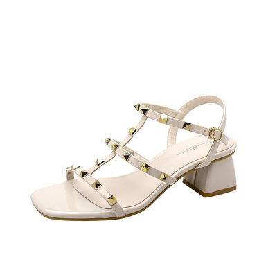 Fashion Lady Sandals Square Toe Metal Buckle Simple High Heels Casual Open Toe