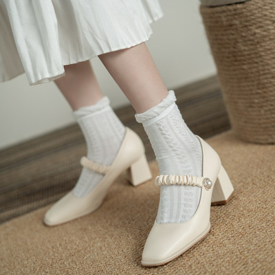 Spring New Pearl Square Toe Evening Shoes Gentle Wind High-heeled Thick-heeled Fairy