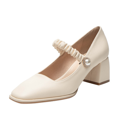 Spring New Pearl Square Toe Evening Shoes Gentle Wind High-heeled Thick-heeled Fairy