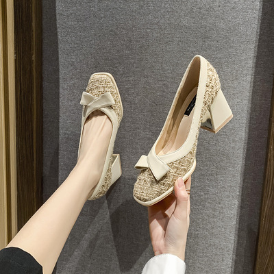 Spring Square Head Small Fragrant Wind Woven Bow Shallow Mouth Banquet High Heels Fashion Thick Heel