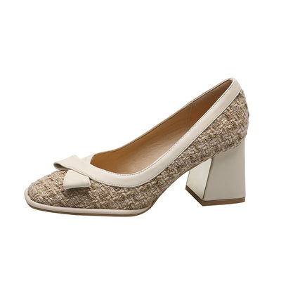 Spring Square Head Small Fragrant Wind Woven Bow Shallow Mouth Banquet High Heels Fashion Thick Heel