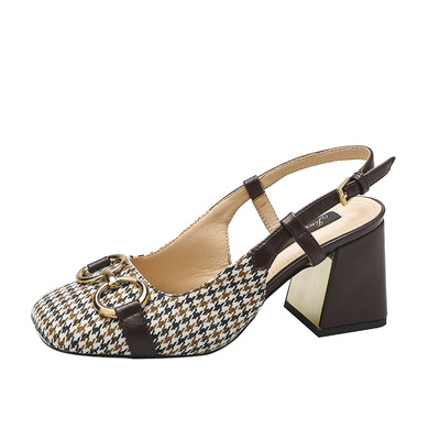 Square Head Plaid Fabric Retro Thick With Fashion Shallow Mouth Small Fragrance Casual Suede