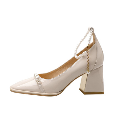 Pearl Word With Retro Wedding Shoes Square Toe Shallow Mouth Banquet High-heeled Thick Heel