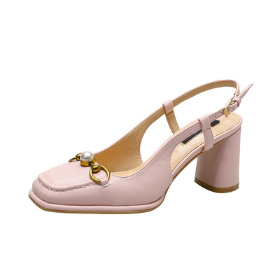 Back Space Sandals, One Foot Buckle, Square Toe, Pearl Metal Buckle, Thick Heel, Shallow Mouth