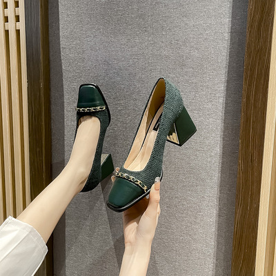 Spring New Style Square Head Shallow Mouth Korean Version With A Thick Heel
