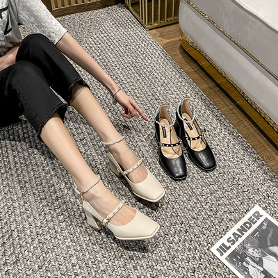 Small Fragrance Square Toe Buckle High Heels Pearl Word With Shallow Mouth Solid Color Fashion
