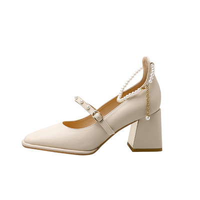 Small Fragrance Square Toe Buckle High Heels Pearl Word With Shallow Mouth Solid Color Fashion