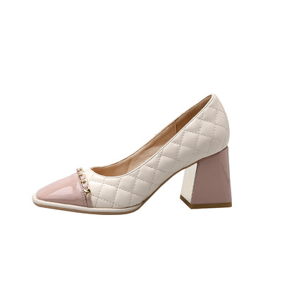 Square Head Shallow Mouth Color Matching Retro One Foot Pedal Small Fragrance Style Thick Heel