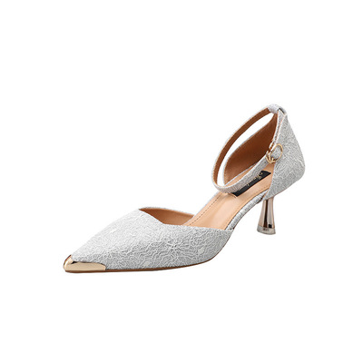 Lace Surface Spring And Summer High-heel White-collar Shoes With Metal Pointed Toe Hollow Shallow Mouth