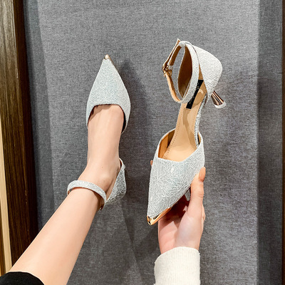 Lace Surface Spring And Summer High-heel White-collar Shoes With Metal Pointed Toe Hollow Shallow Mouth