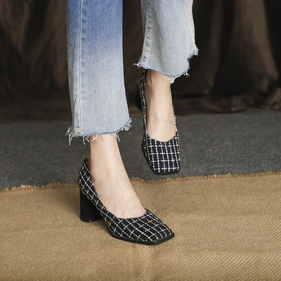 One-foot Pump Shallow Mouth Work Shoes Square Toe Chunky Heel Spring