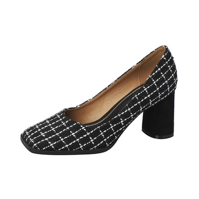 One-foot Pump Shallow Mouth Work Shoes Square Toe Chunky Heel Spring