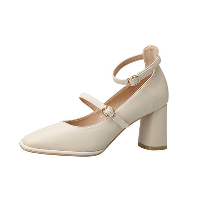 European And American Square Toe Buckle High Heels Shallow Mouth Thick Heel Spring