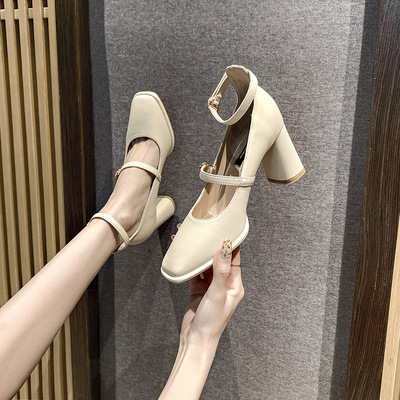 European And American Square Toe Buckle High Heels Shallow Mouth Thick Heel Spring